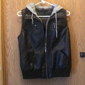 Black leather vest with grey hood